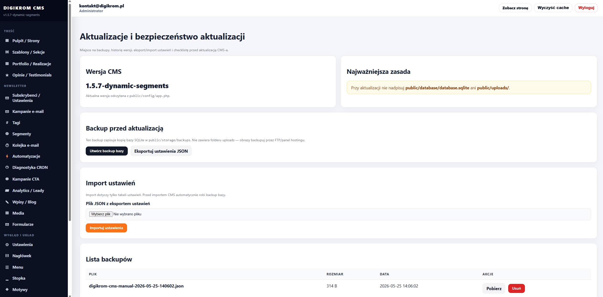 Polish CMS admin dashboard showing update and backup sections.