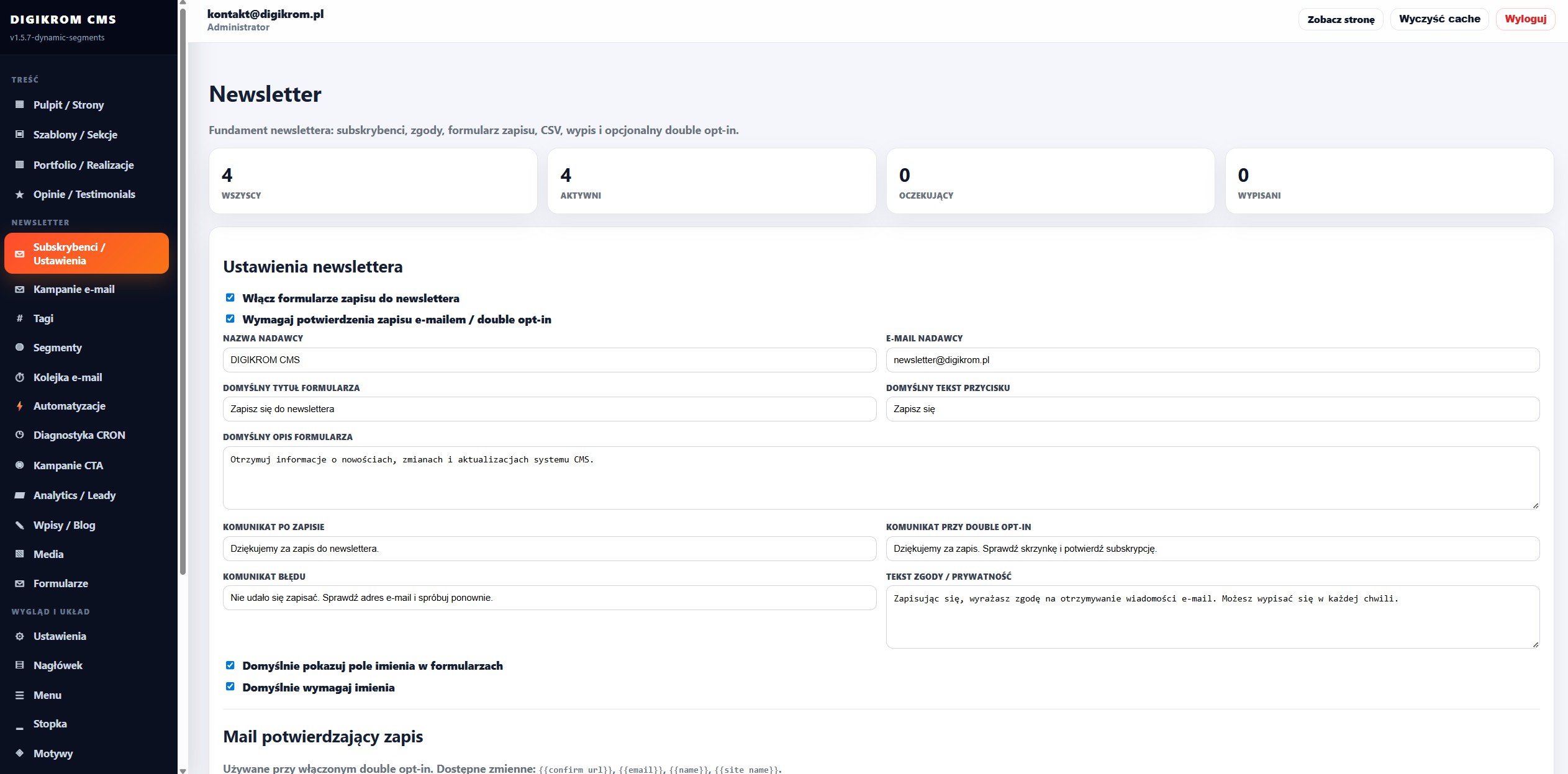 CMS newsletter settings screen: left navigation, orange Subskrybenci/Ustawienia tab, form fields and checkboxes in Polish.
