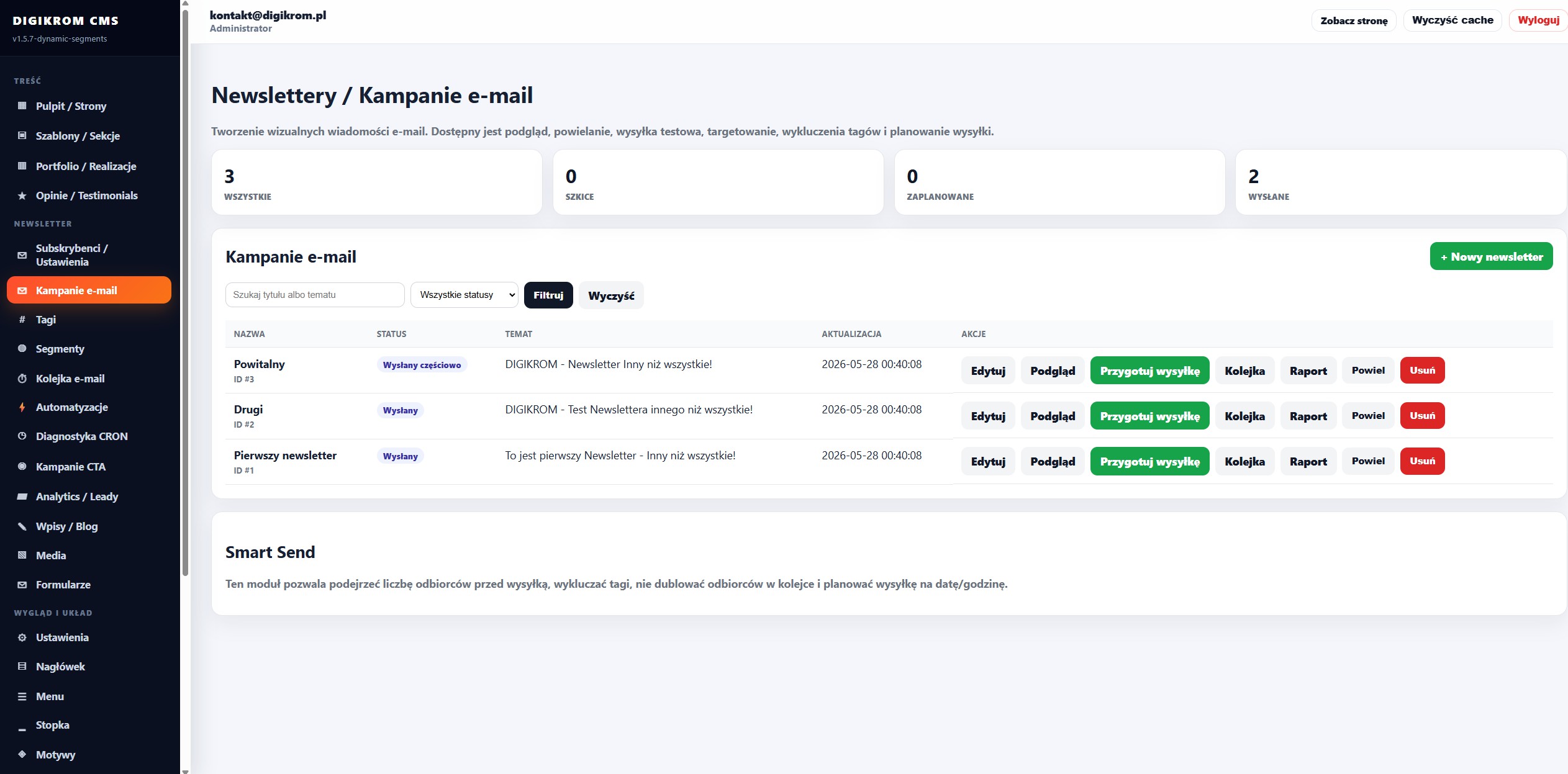 Panel administracyjny kampanii e-mail: lista newsletterów z statusami i opcjami edycji, podglądu i wysyłki.