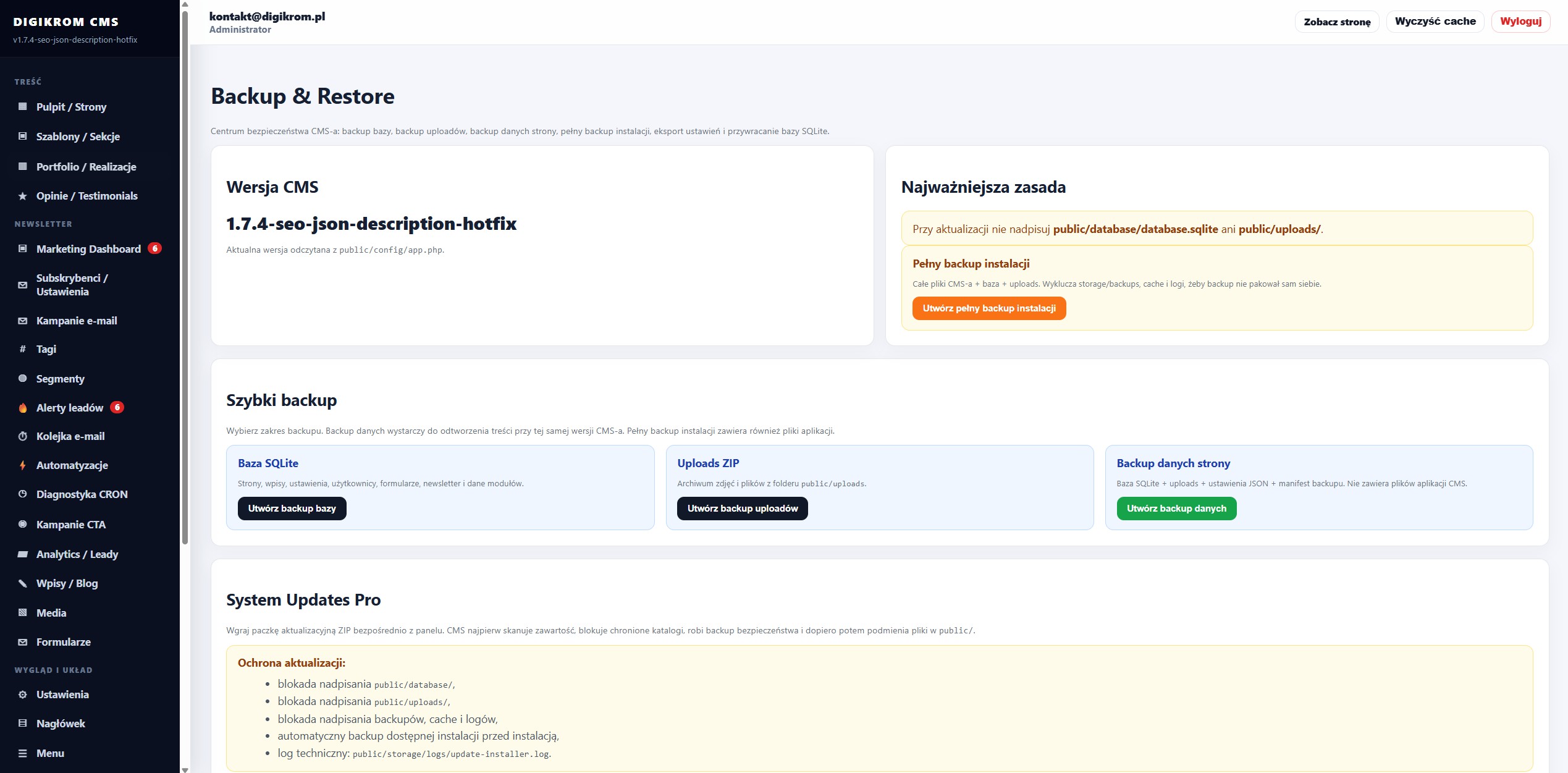 Panel administracyjny Digikrom CMS: zakładka Backup & Restore z sekcjami Wersja CMS, Najważniejsza zasada i Szybki backup w widoku kart.